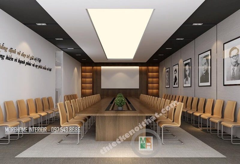 Tạo ra một không gian họp văn phòng thoải mái với một chiếc bàn dài gỗ công nghiệp cao MFC chất lượng cao và hàng ghế chân inox đẹp.